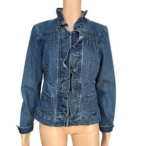 Christiana Zinn vintage Y2K Denim Jean Jacket Ruffled Zip Front Pockets size S